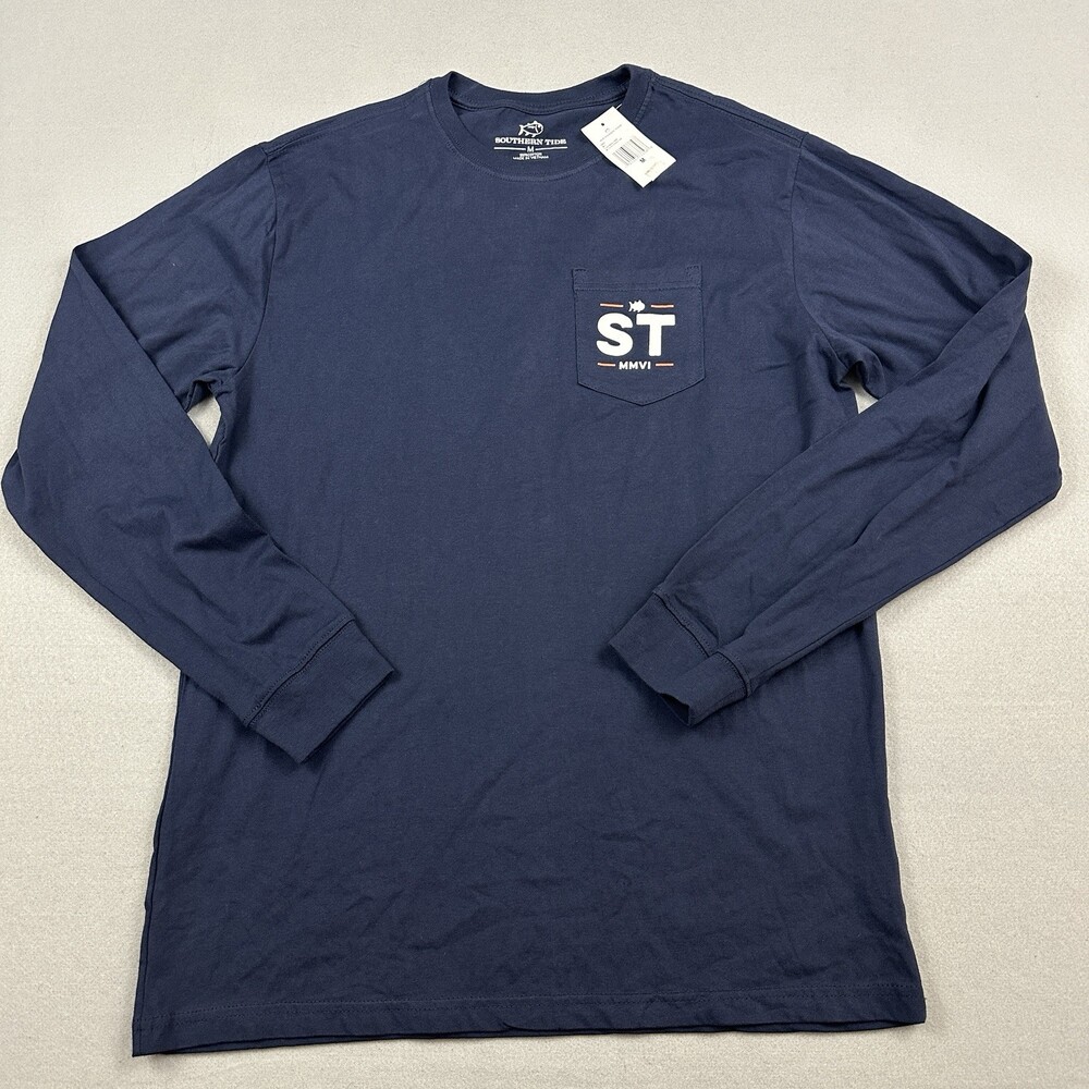 Southern Tide Shirt Men Medium Blue Graphic Camo Tee Long Sleeve Crewneck Pocket
